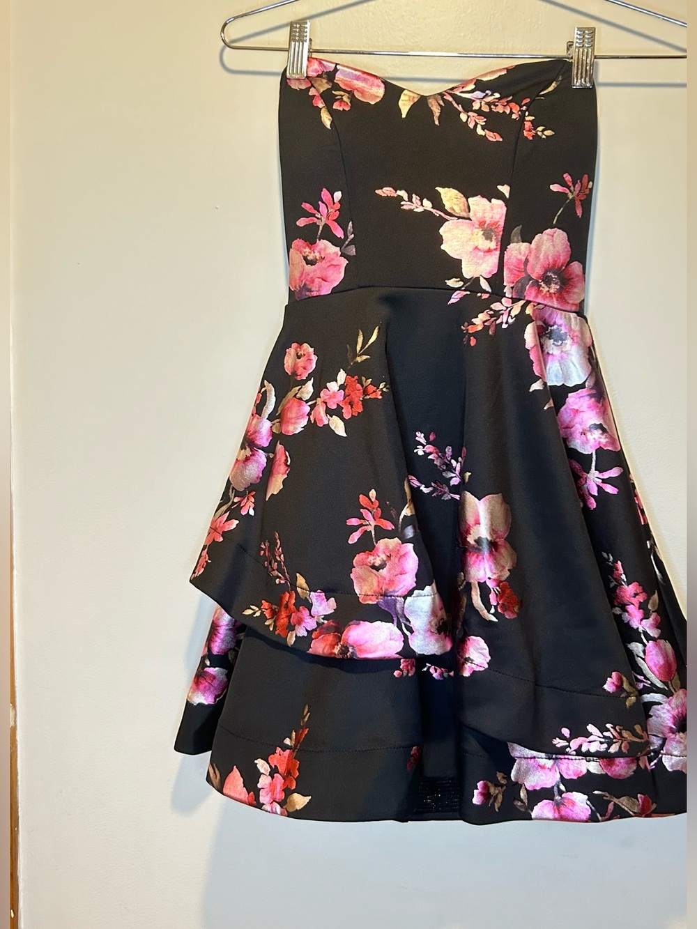 B Darlin Black Floral Strapless Party Dress with Pink Blooms